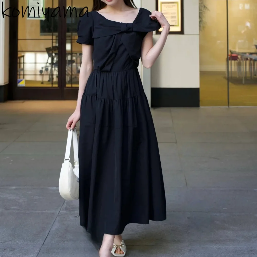 

Japan Sweet Tunic Dress Bow Kink Skew Collar 2025 Vestidos High Waist Waist A-line Dresses Short Sleeve Ropa Mujer Vestido