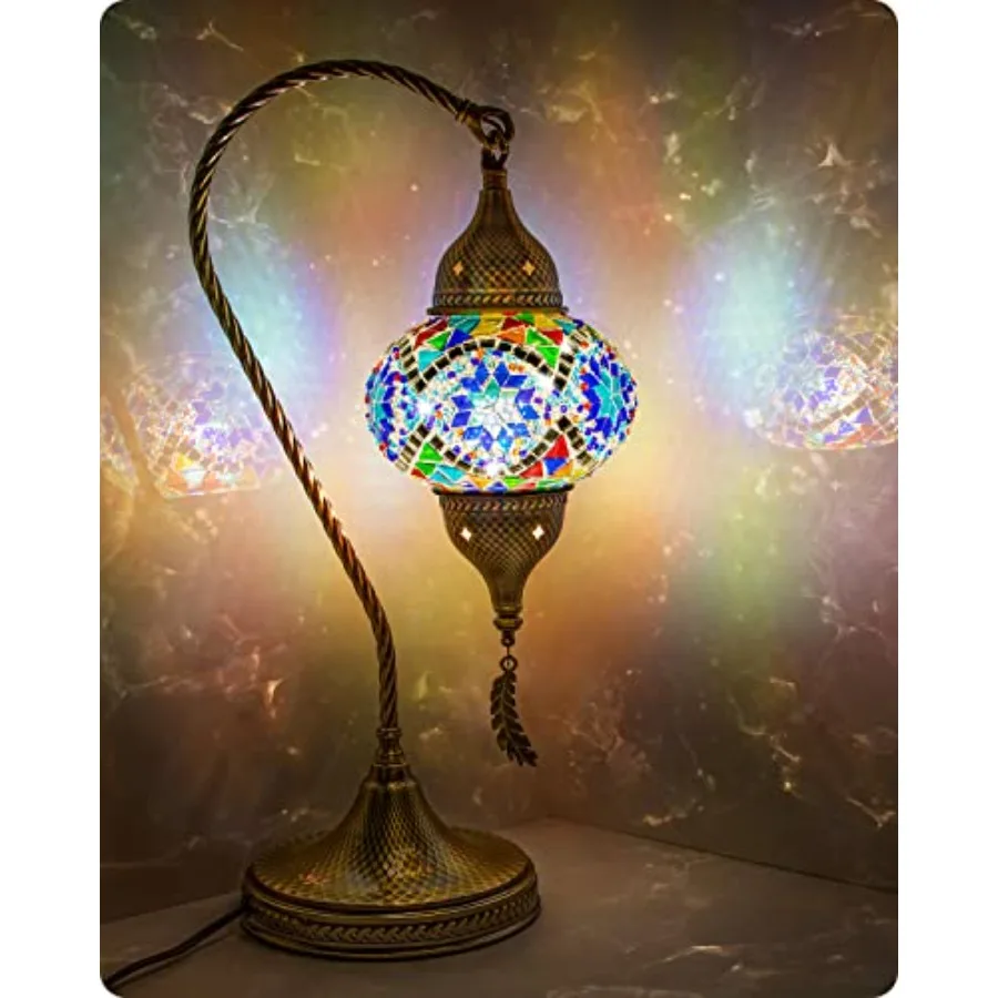 

Turkish Moroccan Mosaic Table Lamp with Bronze Base - 3 Color Options Handmade Swan Neck Tiffany Mosaic Glass Bedside Lamps for