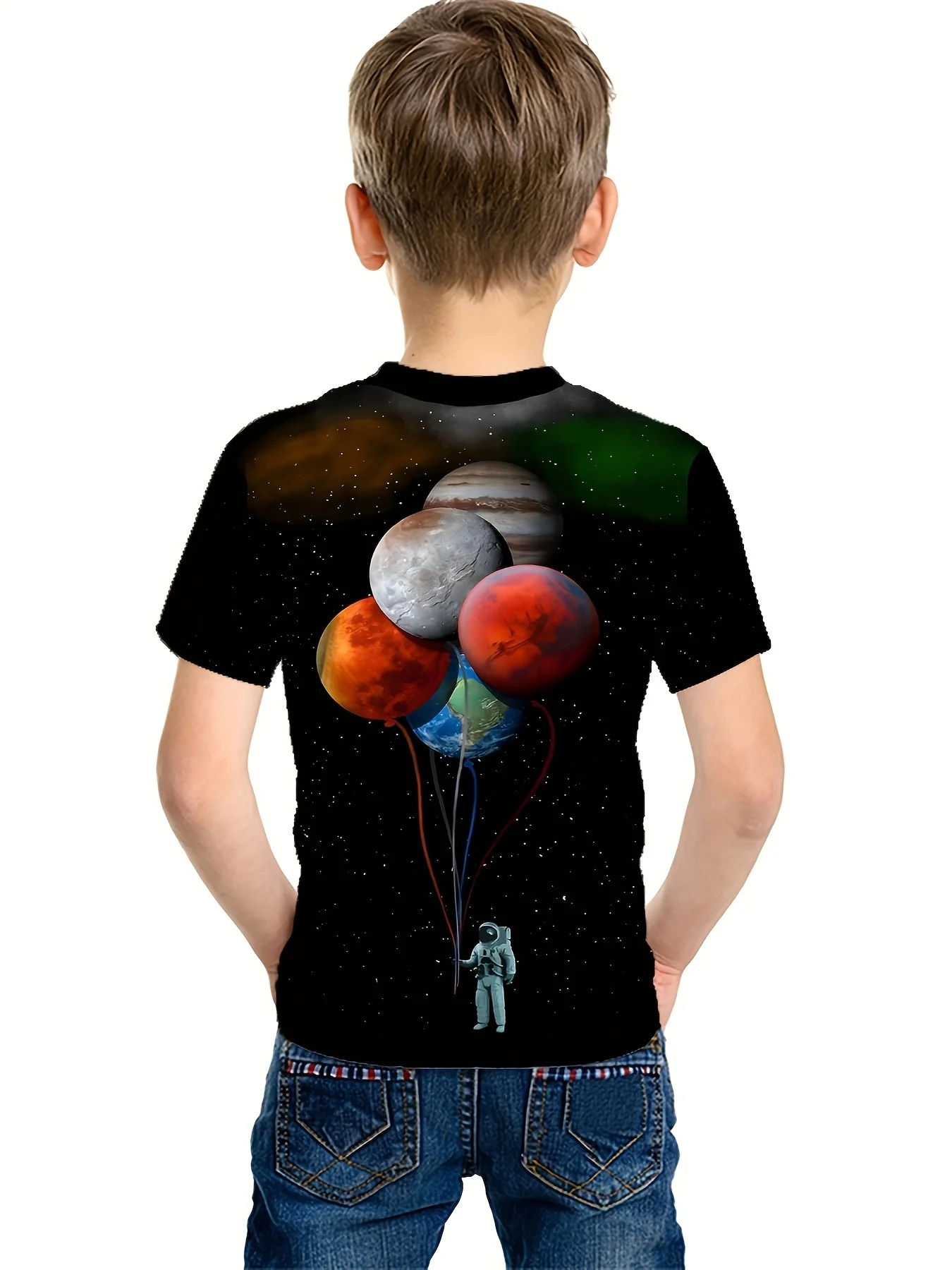 Astronaut And Planet Balloons 3d Print Boy's T-shirt, Casual Short Sleeve Breathable Comfy Summer Outdoor Tops _ Don't Miss Thes