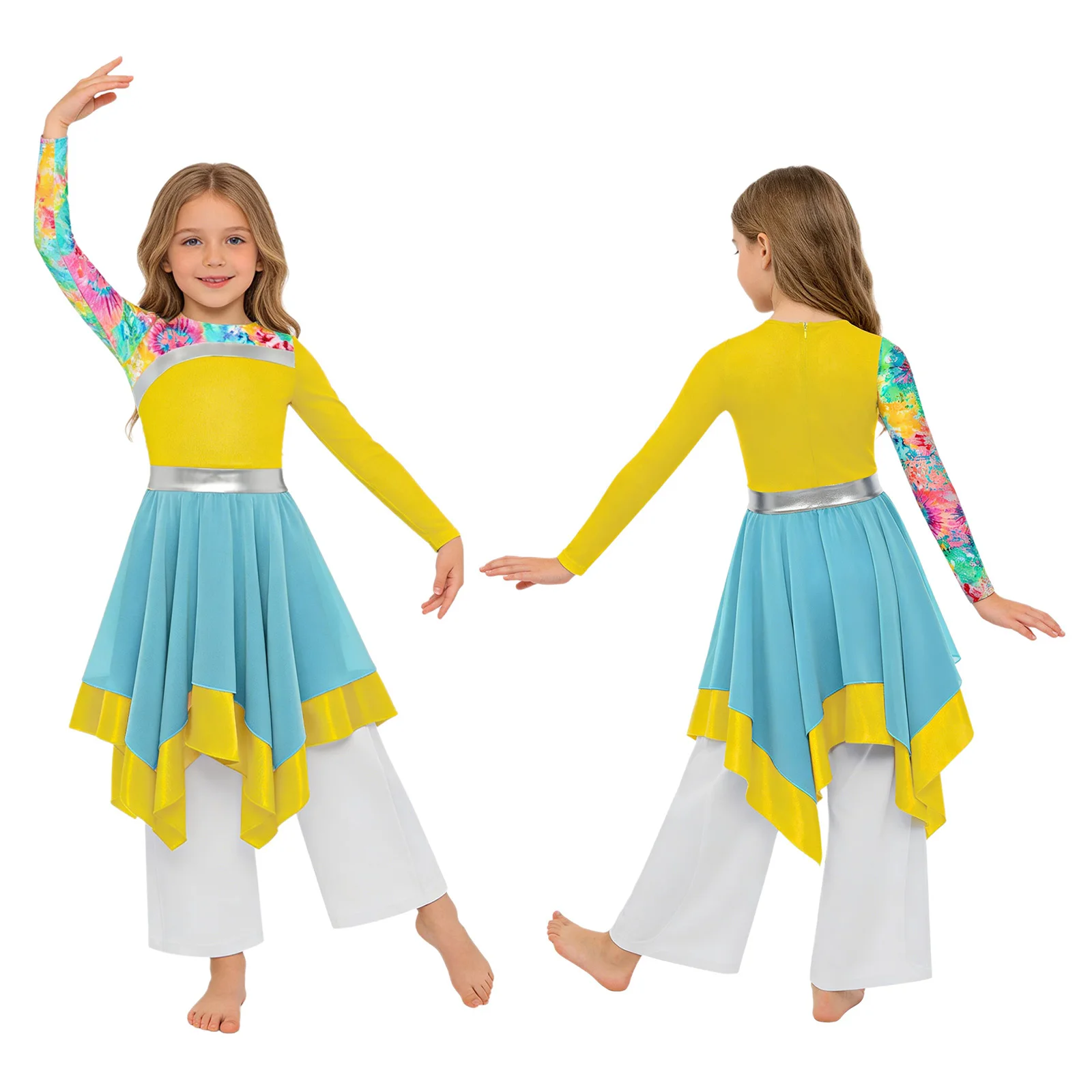 

Children Girls Lyrical Worship Liturgical Praise Dance Dress Church Choir Costume Long Sleeve Printed Dress with Wide-Leg Pants
