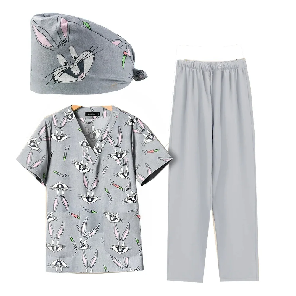 Short-Sleeved Phary Nurse Uniform Pet Hospital Doctor Workwear Dental Surgery Uniforms Medical Cartoon Print Three-Piece Suit