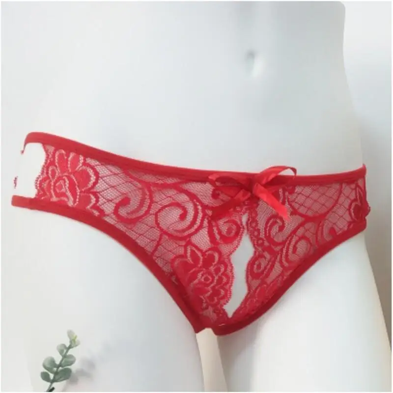 Lace Hollow Out Crotch Design Thong Underwear Thin Strap Bow Decor Sheer Intimate Panties For Women Night Club Sleepwear Lingeri