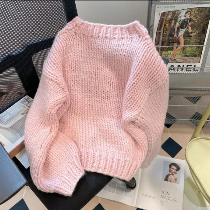 Kimotimo Cute Cartoon Print Pink Sweater Women 2025 Autumn Winter O-neck Long Sleeve Knitted Pullover Korean Fashion Short Tops