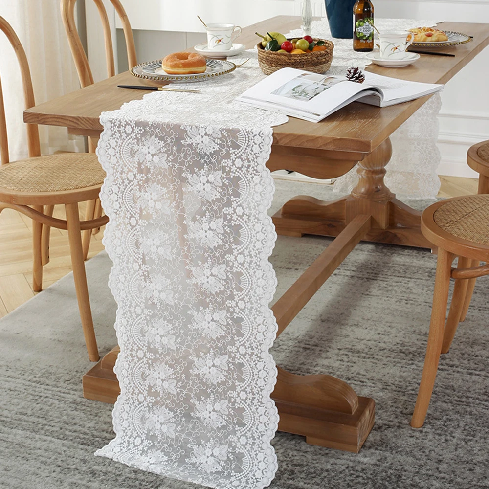 White Beige Lace Table Runner Embroidery Cotton Lace Fabric Table Cover Floral Lace Table Runner Vintage Wedding Tea Party Decor