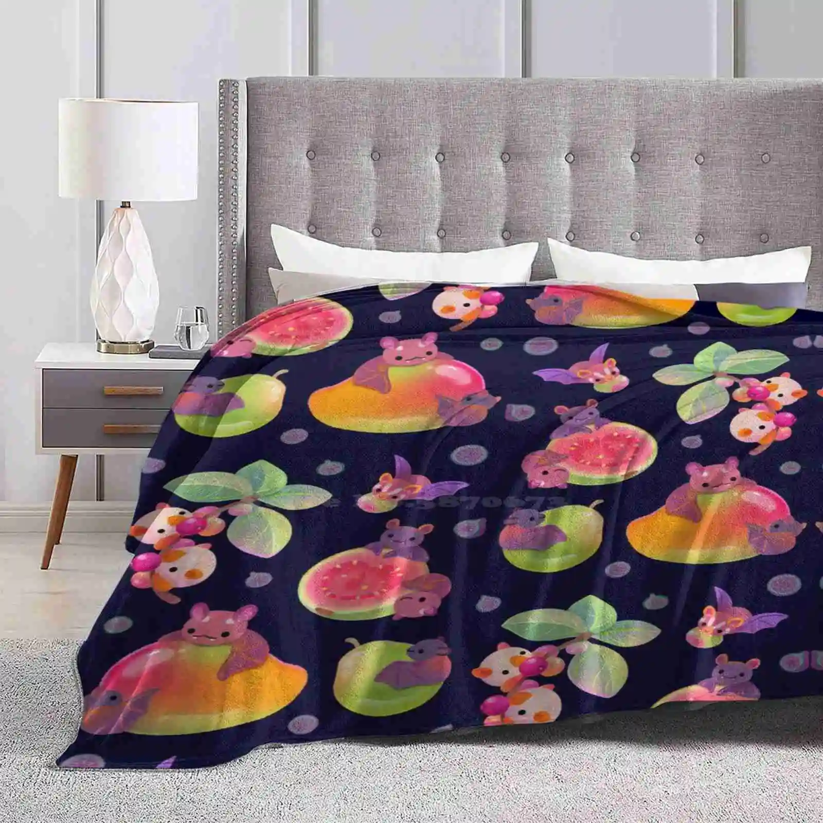 Fruit And Bat-Dark Creative Design Light Thin Soft Flannel Blanket Tropical Pikaole Fruits Summer Food Baby Kitchen Cafe Cute