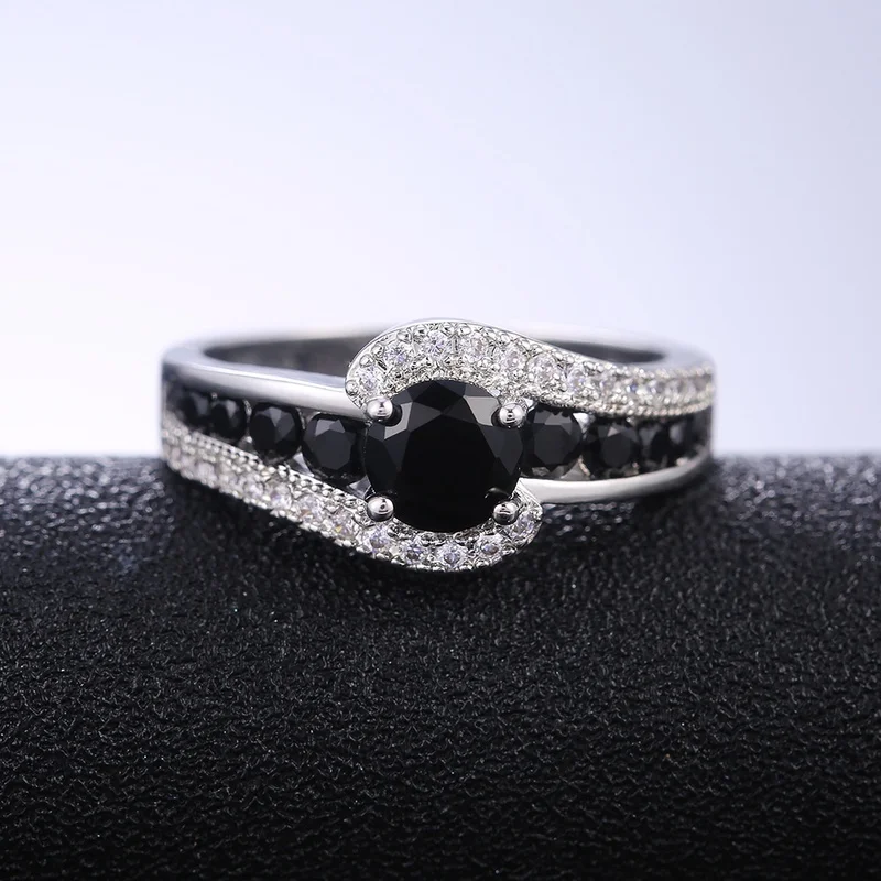 Personality Silver Color Black Stone Women Wedding Ring Dazzling Crystal Zircon Delicate Gift Top Quality Female Classic Jewelry