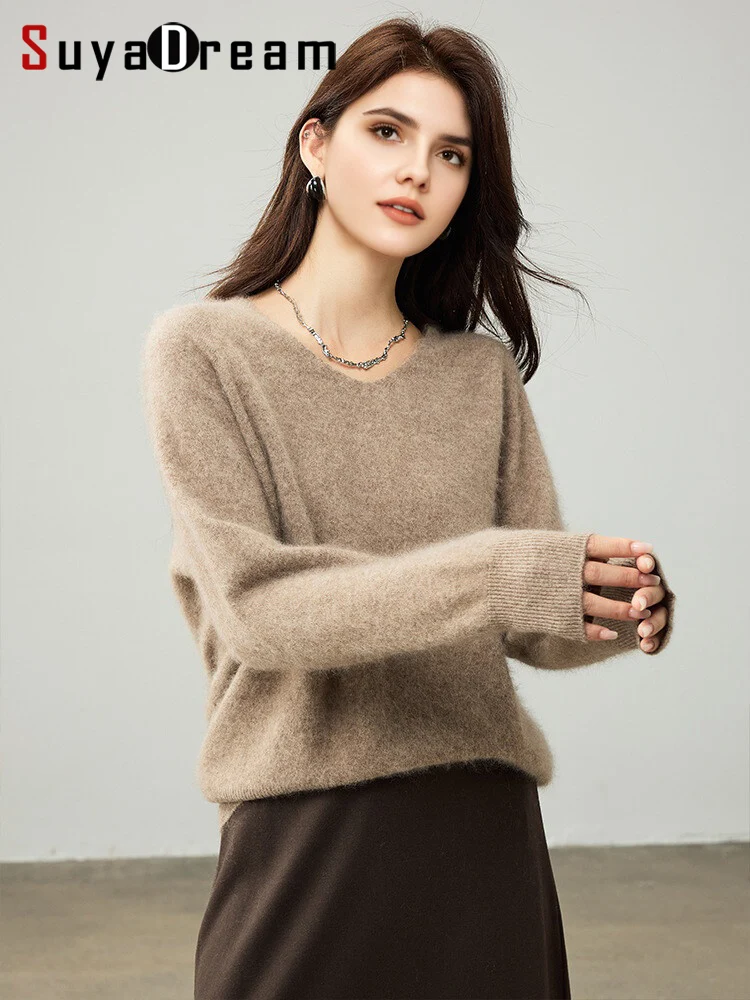 

SuyaDream, Women Fleece Pullovers, V Neck, 3.5%Cashmere 96.5%Wool, Chic Warm Sweaters, 2025 Fall Winter Solid Top, Khaki, White