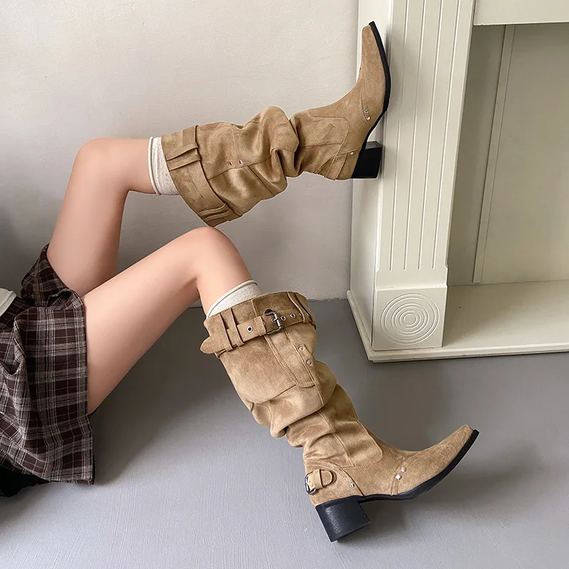 

Arden Furtado Autumn Large tubular boots cowhide Pleated Modern boot Square to Pull-on Middle heel Belt buckle Knee high boots