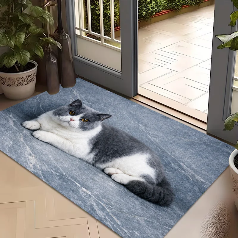 Blue White British Shorthair Cat 2D Flat Print Non Slip Washable Rug Mat For Foyer Bedroom Porch Indoor Outdoor Home Decor