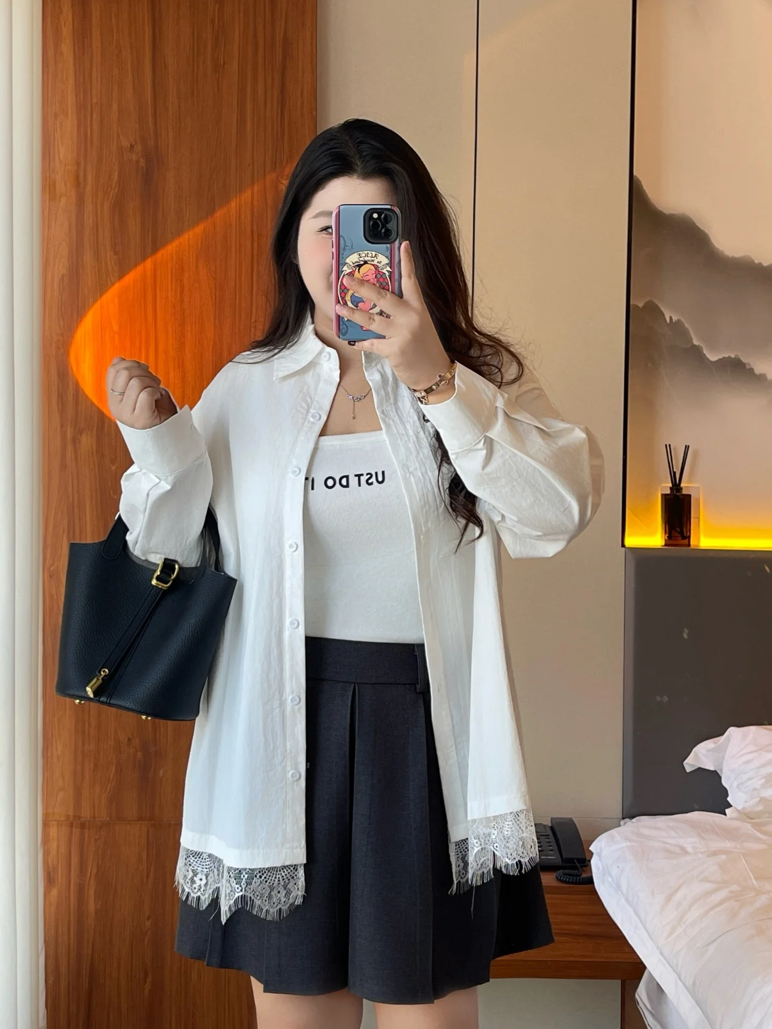 

Elegant Long Sleeve Neck Lace Patchwork Shirt Large Size Women's Spring Commute Style Cotton Blend Casual Outerwear