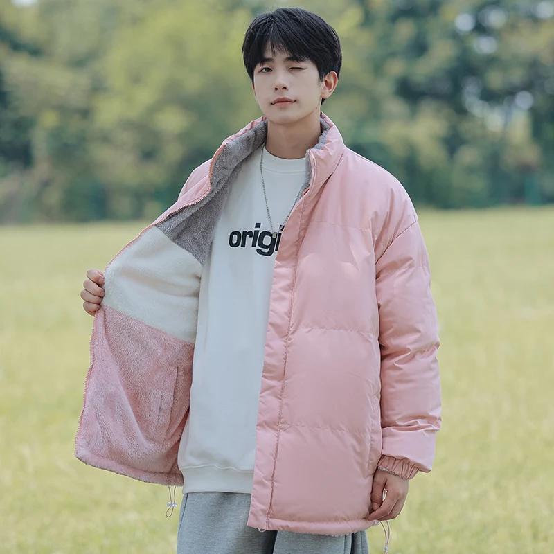 سترة شتوية للرجال ذات وجهين سميكة من القطن بياقة مدورة مخططة من الصوف سترة قطنية مريحة ودافئة وملابس خارجية