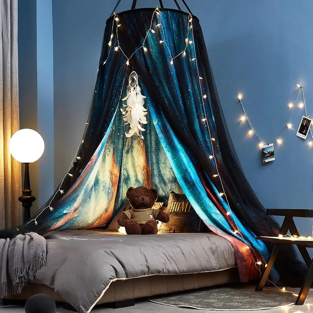 

Elegant Aurora Print Bed Canopy for Girls and Adults, Cozy Lace Dome Mosquito Netting Curtains