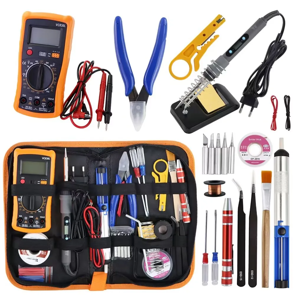 Gray 80W Digital Display Adjustable Temperature Electric Soldering Iron 110V / 220V Solder Welding Tools Bag Multimeter Kit