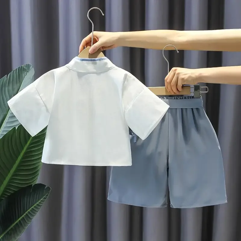 Traje Tang de manga corta bordado de estilo chino para niños, conjunto de dos piezas, trajes orientales para niños y niñas, sobres de Kung Fu, Verano