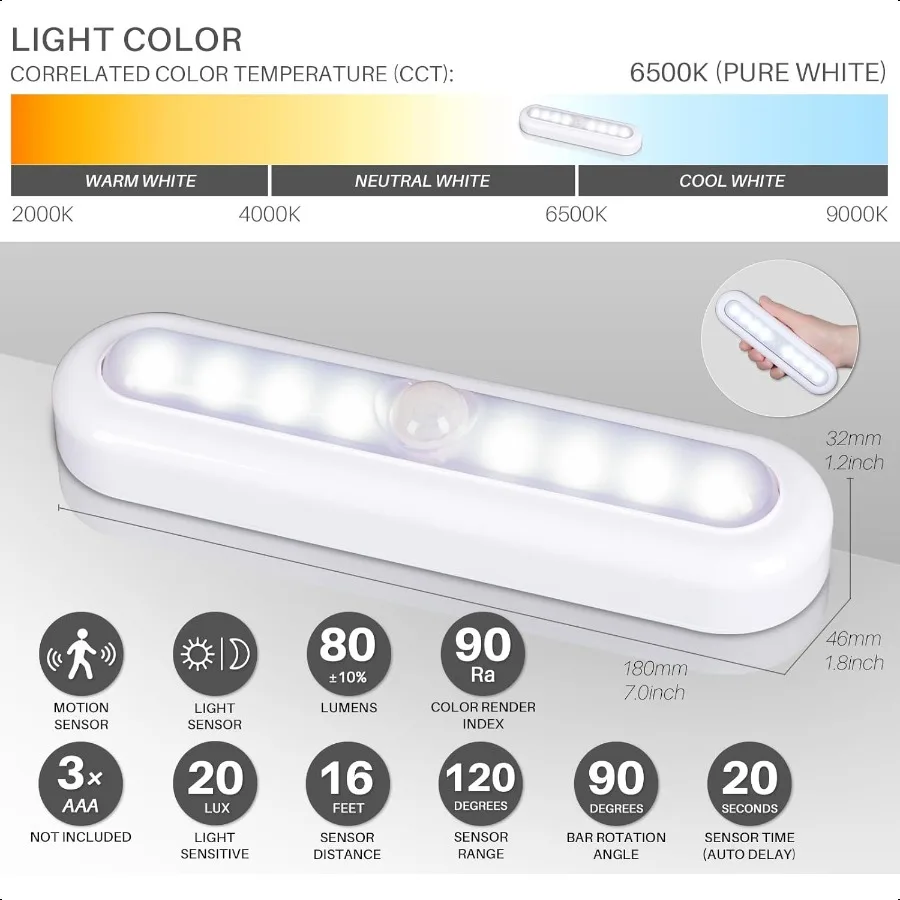 STARSPANGLED Confezione da 3 luci con sensore di movimento da 7 luci a LED per interni alimentate a batteria per scale dell'armadio sotto l'armadio Cool Whit