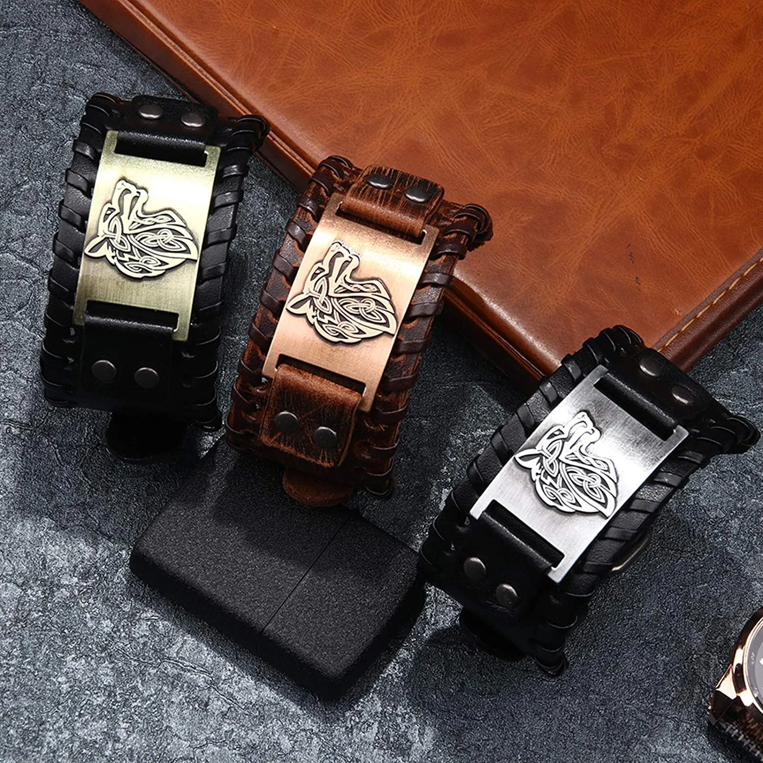 1PC Men\'s Fashion Stainless Steel Wolf Head Wide Leather Bracelet Jewelry Stonego Accessories Viking Bracelet