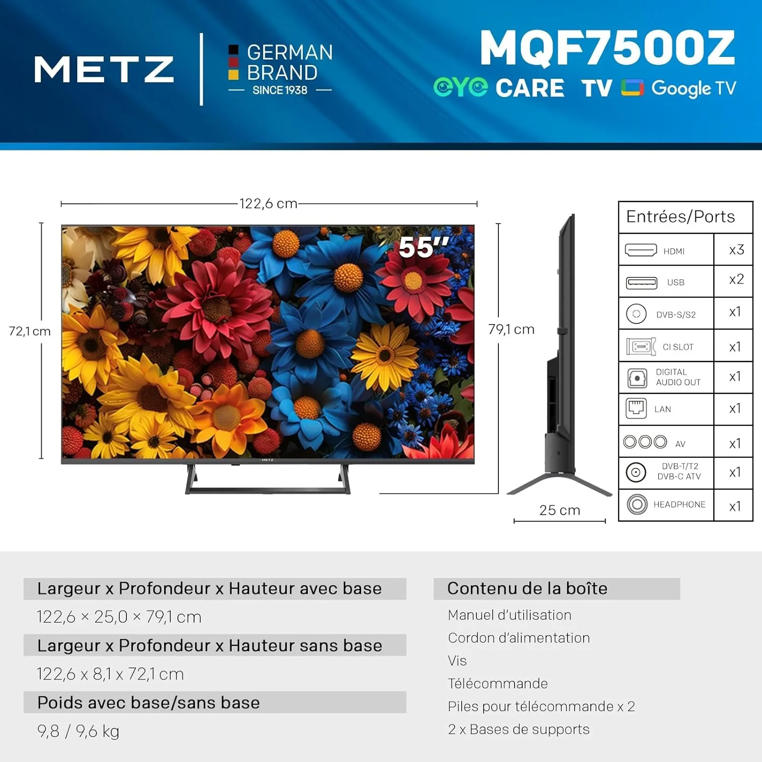 METZ QLED TV 43 pulgadas 4K televisión LED inteligente Google Tele HDR 10 MEMC DBX Dolby Atmos juego Hub EyeCare sintonizador 2025 43 MQF7500Z