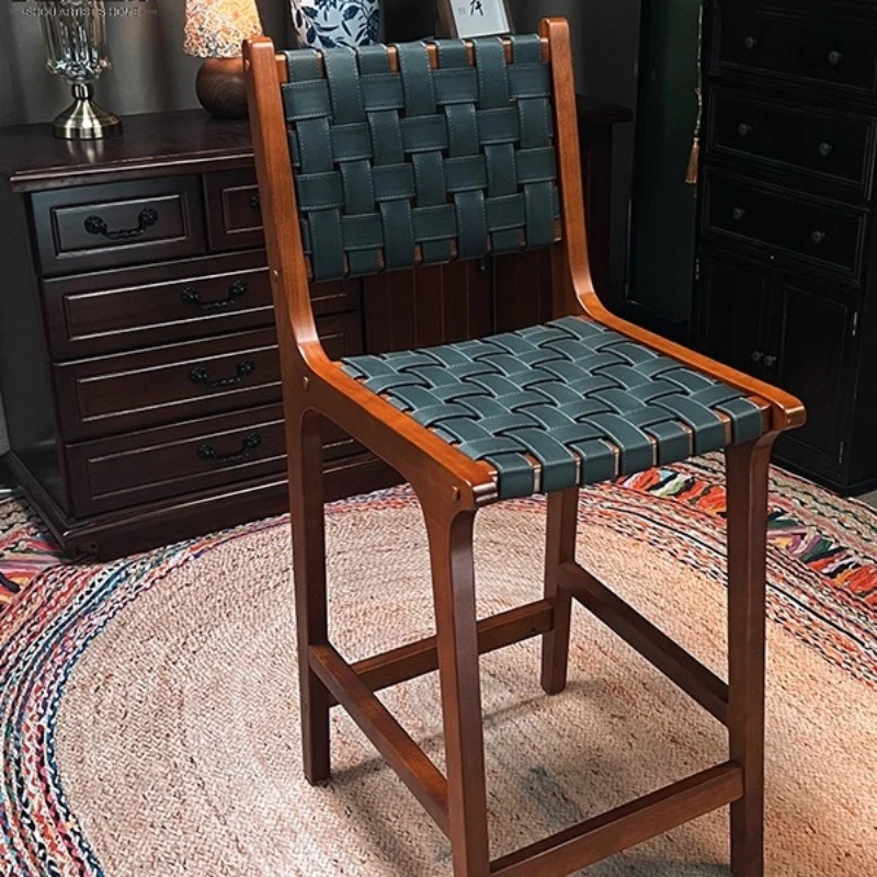 

Luxury Bar Chairs Vintage Saddle Leather High Stool Solid Wood Bar Stool Minimalist Home Dining Island High Stools