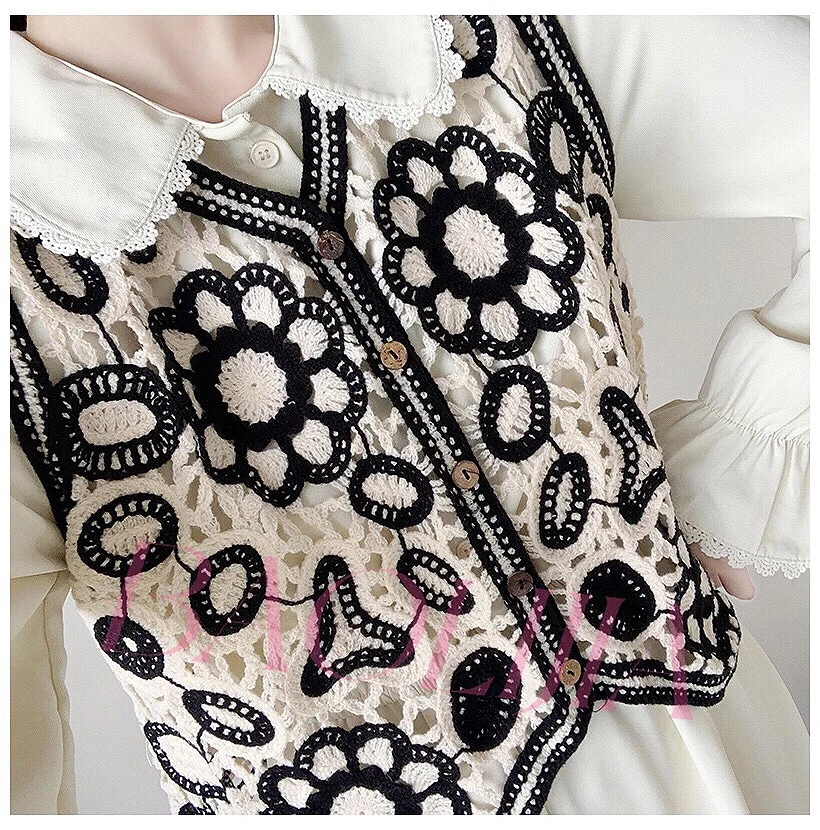 Women Casual New Vintage Hollow Out Crochet Crop Top Vest Embroidery Floral Sleeveless Jacket Cardigan Button Down Boho Top