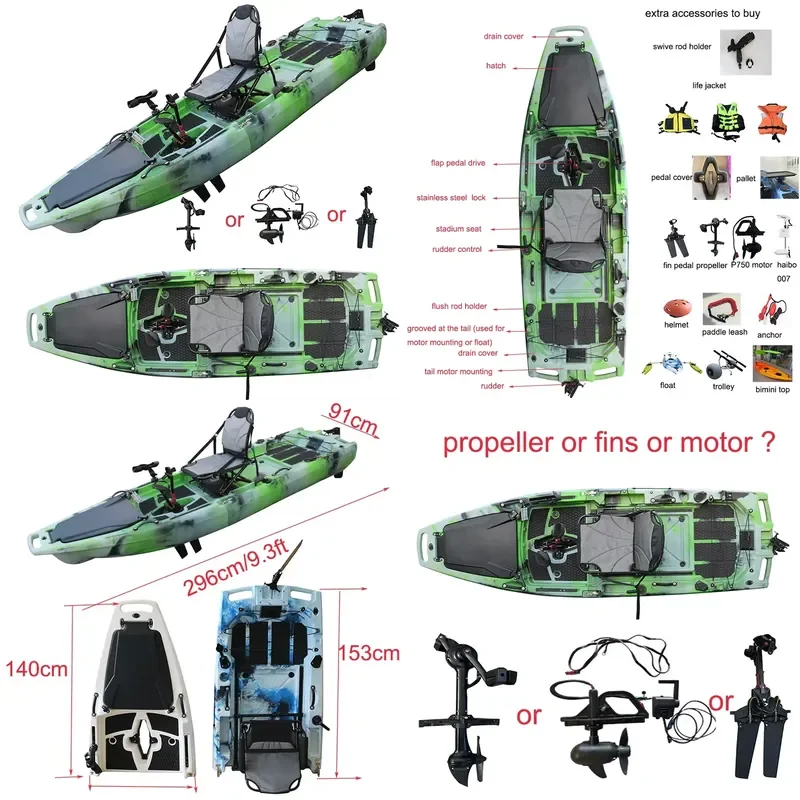 Vicking Hands Free Pedal Drive Kayak 9 ft 1 Person HDPE Fishing Boat Ocean Sea Canoe Modular with Motor