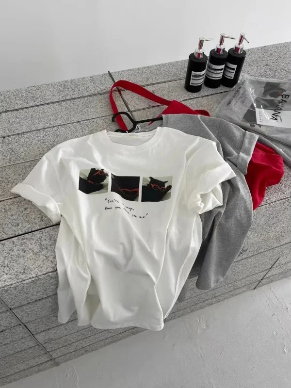 

Retro American Style Summer New Korean Loose Cartoon Print Short Sleeve Women's T-shirt Casual Straight Cut Cotton Top