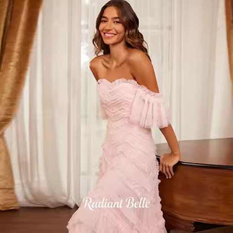 Radiant Customized Evening Dress Pink Off The Shoulder Tulle Pleat A Line Evening Gown for Women Ankle Length Party Dress