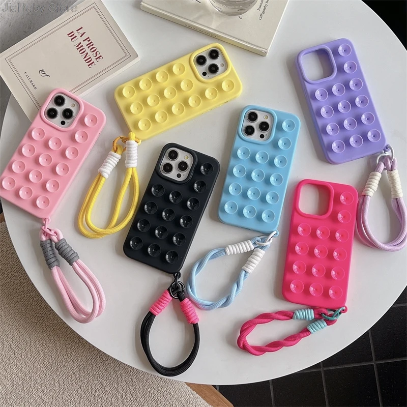 Liquid With Lanyard Soft Silicone Solid Color Large Hole Plain Suction Cup Phone Case For iPhone 11 12 13 14 15 16 Pro Max