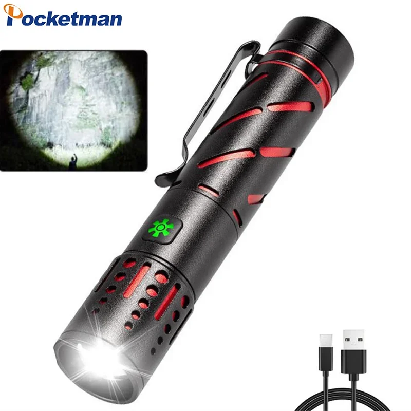 

Rechargeable Flashlight Portable Outdoor Super Bright LED Flashlights with Clip Telescopic Zoom Torch Lantern Emergency Light