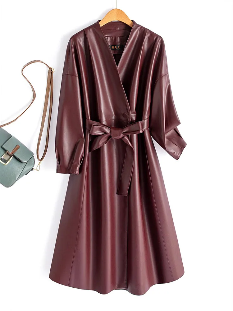 2025 Spring and Autumn Strap Leather Coat Medium Long Windbreaker Style Temperament Commuter Fashion V-neck Coat