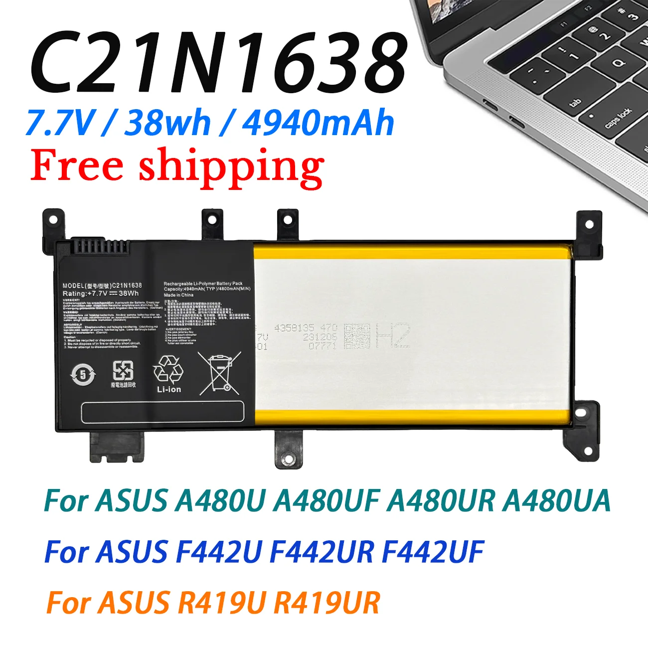 C21N1638 Аккумулятор для ноутбука Asus A480U A480UF A480UR A480UA F442U F442UR F442UF R419U R419UR 7,7 V 38WH