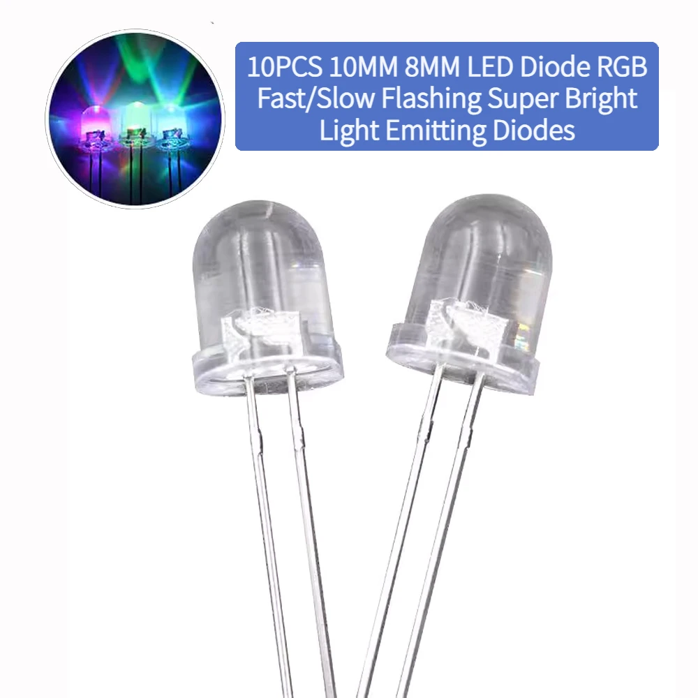 10PCS F10 F8 LED Diode RGB Fast/Slow Flashing Super Bright Light Emitting Diode Multicolor Transparent Round Diffuse Flash Lamp