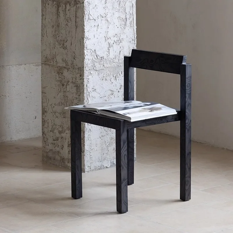 Dining Chair in Solid Black Wood, Minimalist Designer Accent Chair