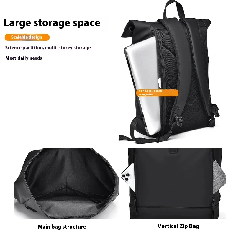 Men\'s Roll Top Large Capacity 15.6 Inch Laptop Backpack Reflective Diamond lattice Bags Waterproof PU leather Travel Backpack