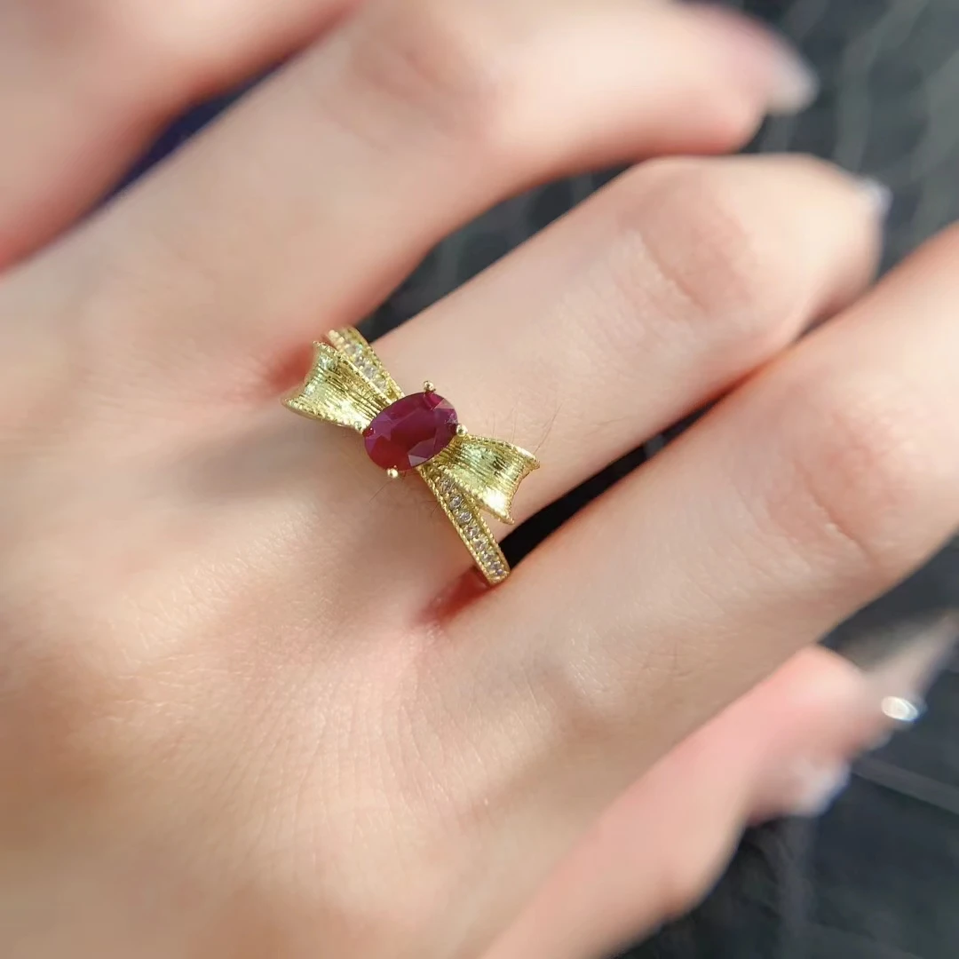 925 Silver Ruby Engagement Ring 4mm*6mm 0.5ct Natural Ruby Ring with 3 Layers 18K Gold Plating Keep Shining