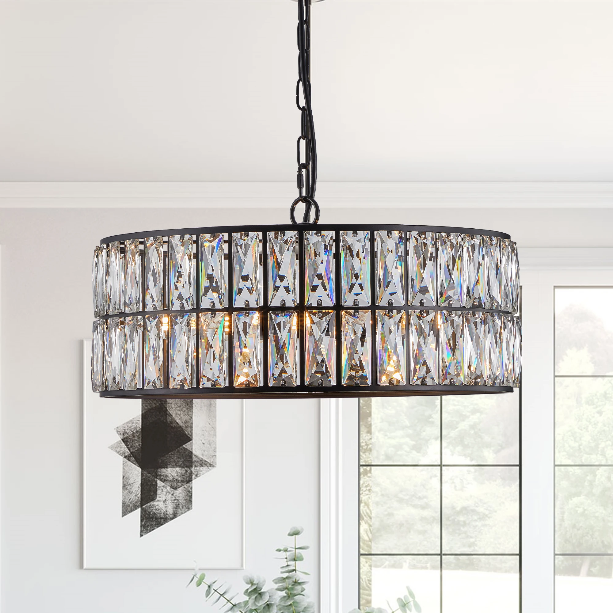 Modern Crystal Drum Chandelier, 6-Light Pendant Lighting Fixture with Black Metal Frame (Bulbs Not Included)