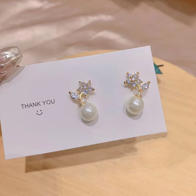 

s925 Sterling Silver Camellia Pearl Earrings for Women 2025 Versatile Minimalist Forest-Style Floral Full Zirconium Ear Jewelry