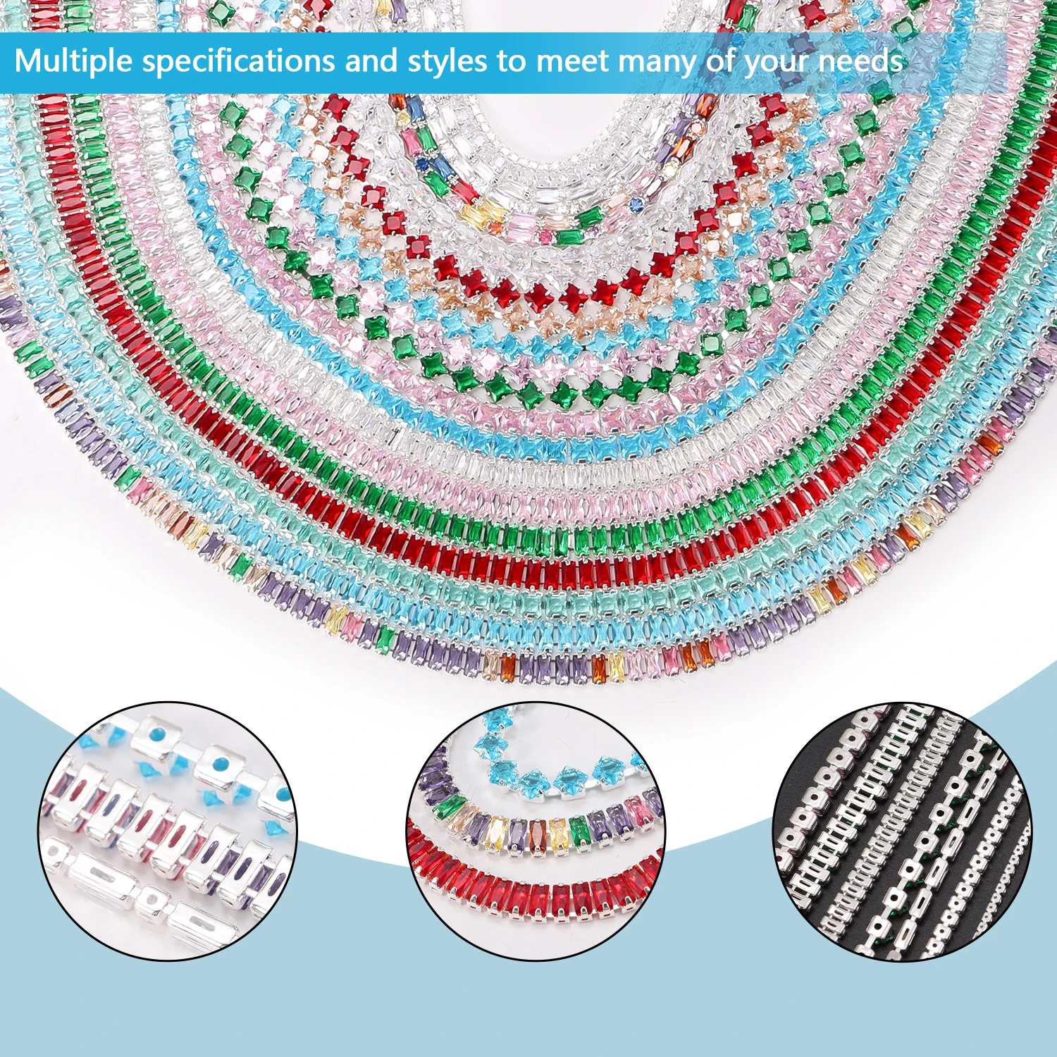 50cm Crystal Rhinestone Chain with Silver Plated Claw Base for DIY Decor, Phone Case Nail Art Craft - Colored Zircon Chain