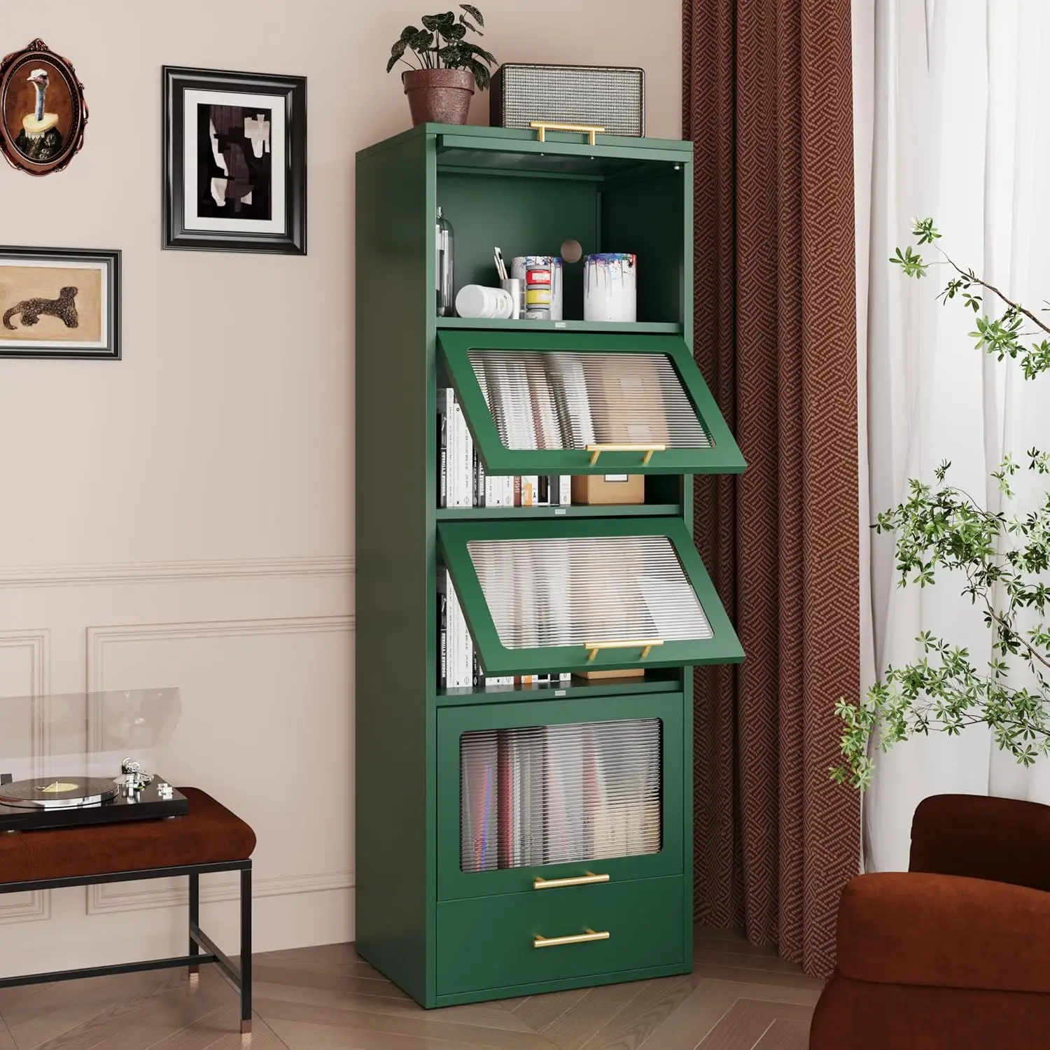 Acrylic Glass Doors and 1 Drawer, Green Freestanding Bakers Rack to Storage Small Microwave Spice Seasoning Bowl Cup Books