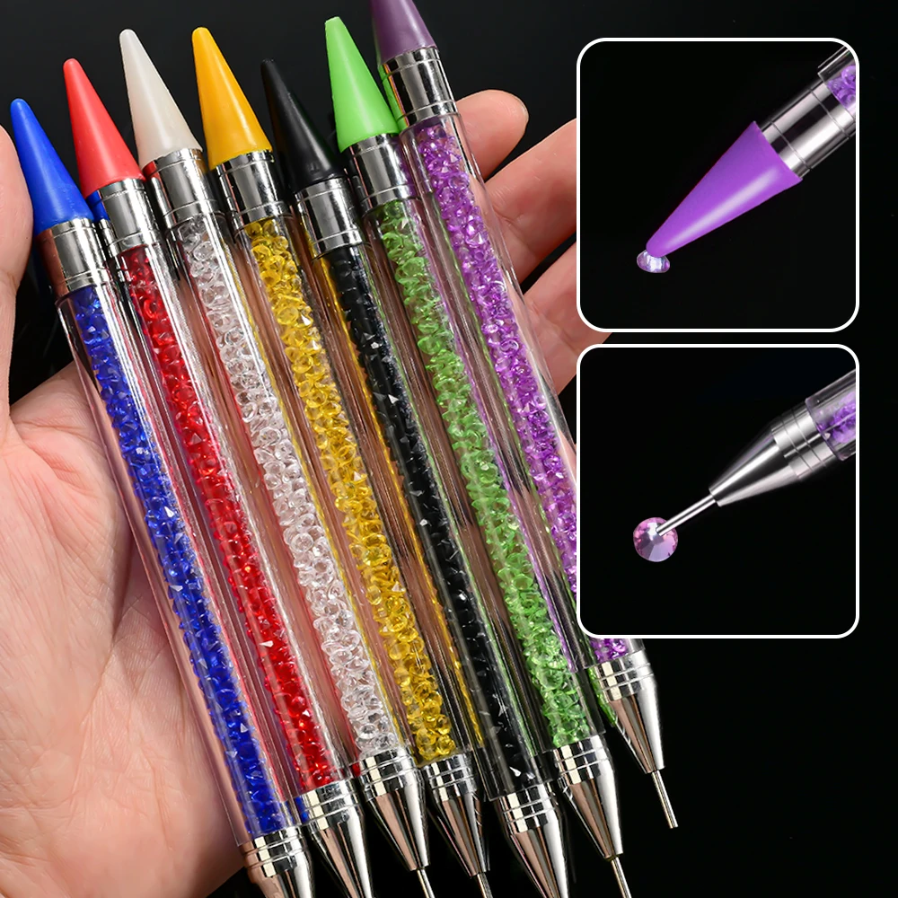 7 色双頭ネイルアート点在ワックスペン + ラインストーンピッカー + 透明ジャケットクリスタルハンドルラインストーンアプリケーターツール