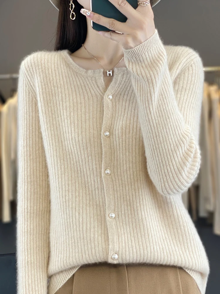 Casual solto 100% lã merino camisola de malha cardigan feminino simples com decote em v outono inverno quente macio sólido graça roupas topos