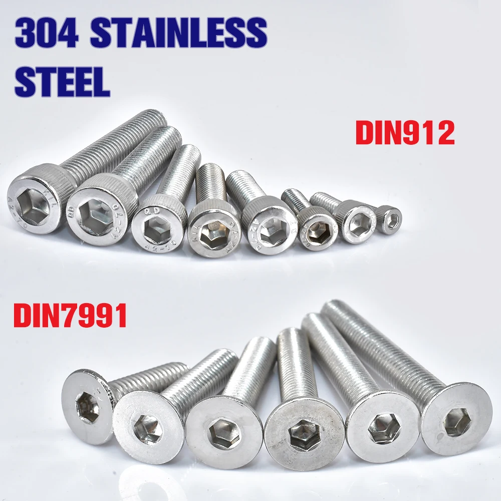 304 Stainless Steel Hex Socket Screw DIN912 Hexagon Allen Bolt Metal Machine Screws DIN7991 A2 Screws M2 M2.5 M3 M4 M5 M6 M8