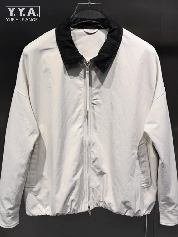 

2025 New Fashion Autumn Mens Zipper Casual Loose Pocket Jacket Outerwear Color Blocking Mens Denim Turndown Collar Jackets Coats