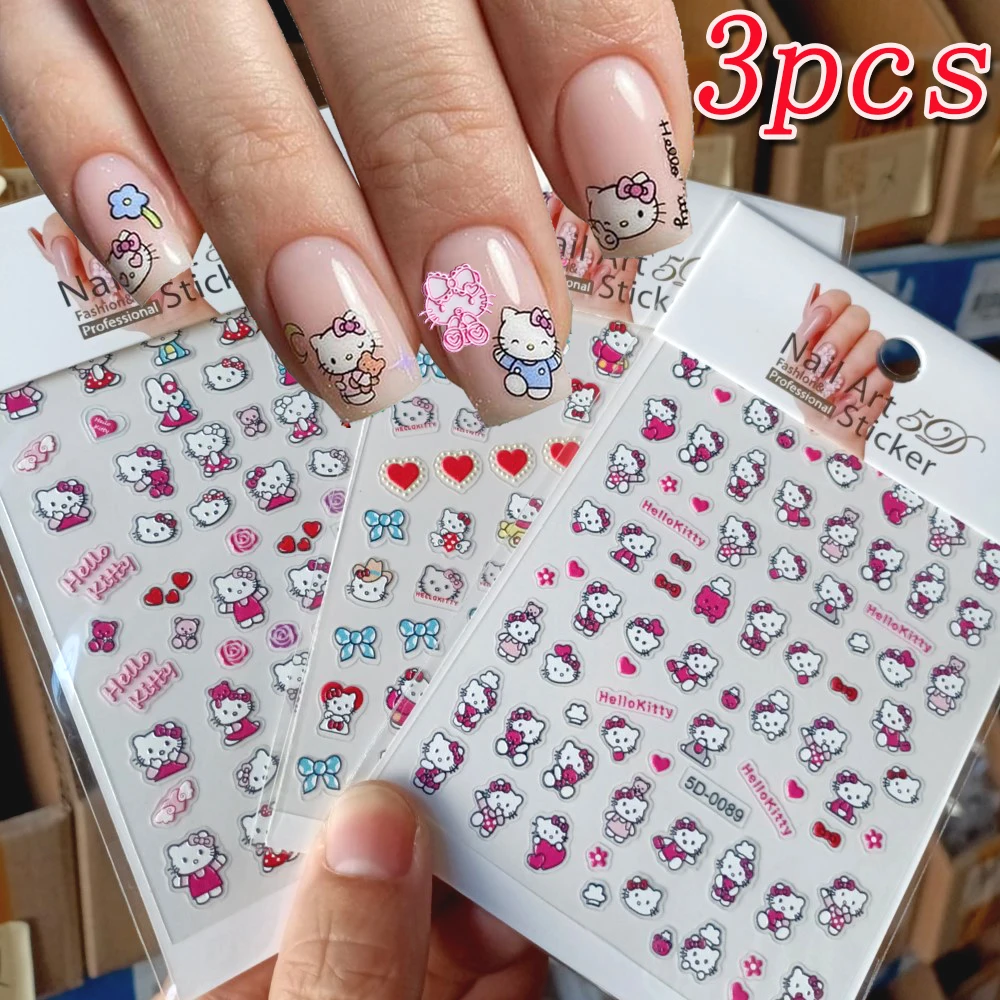 

3 шт./лот 5D розовые, красные, синие наклейки для ногтей «Hello Kitty» с тиснением, милый мультяшный котенок, кошка, бант, наклейки для ногтей, Kawaii Kitty, слайдер для маникюра