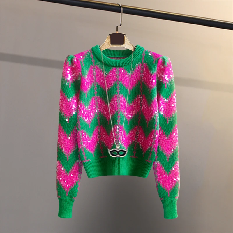 French Sequins Knitted Sweater Women Autumn Winter 2024 New Fashion Long Sleeve O Neck Short Pullover Tops Casual Vintage