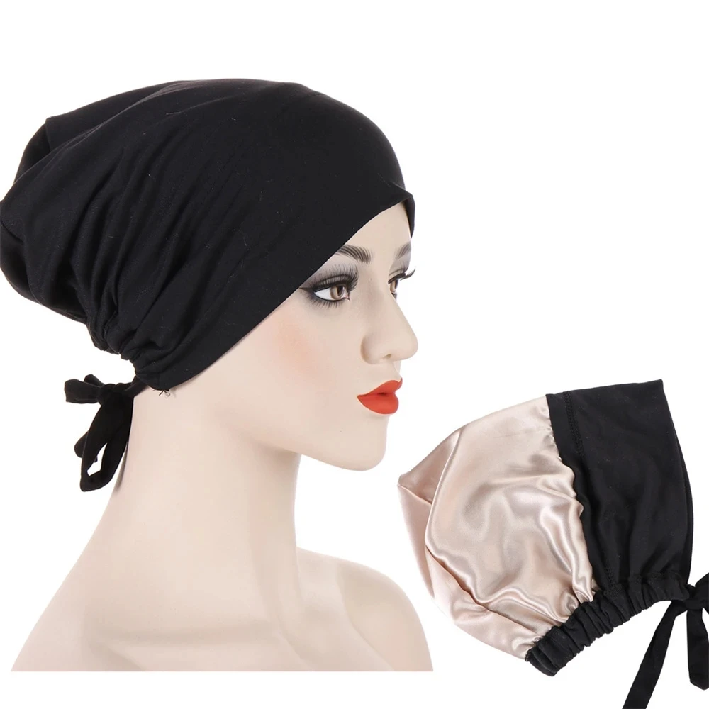 New Soft Stretch Cotton Jersey Bonnet Hijab with Stain Sleeping Beanie Wrap Headwear Frizzy Double Layer Modal Satin Cap Turbant