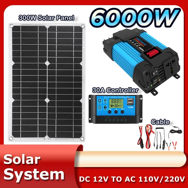 12V to 110V/220V Solar Panel System 600WSolar Panel Battery Charge Controller 6000W Solar Inverter Kit Complete Power Generation