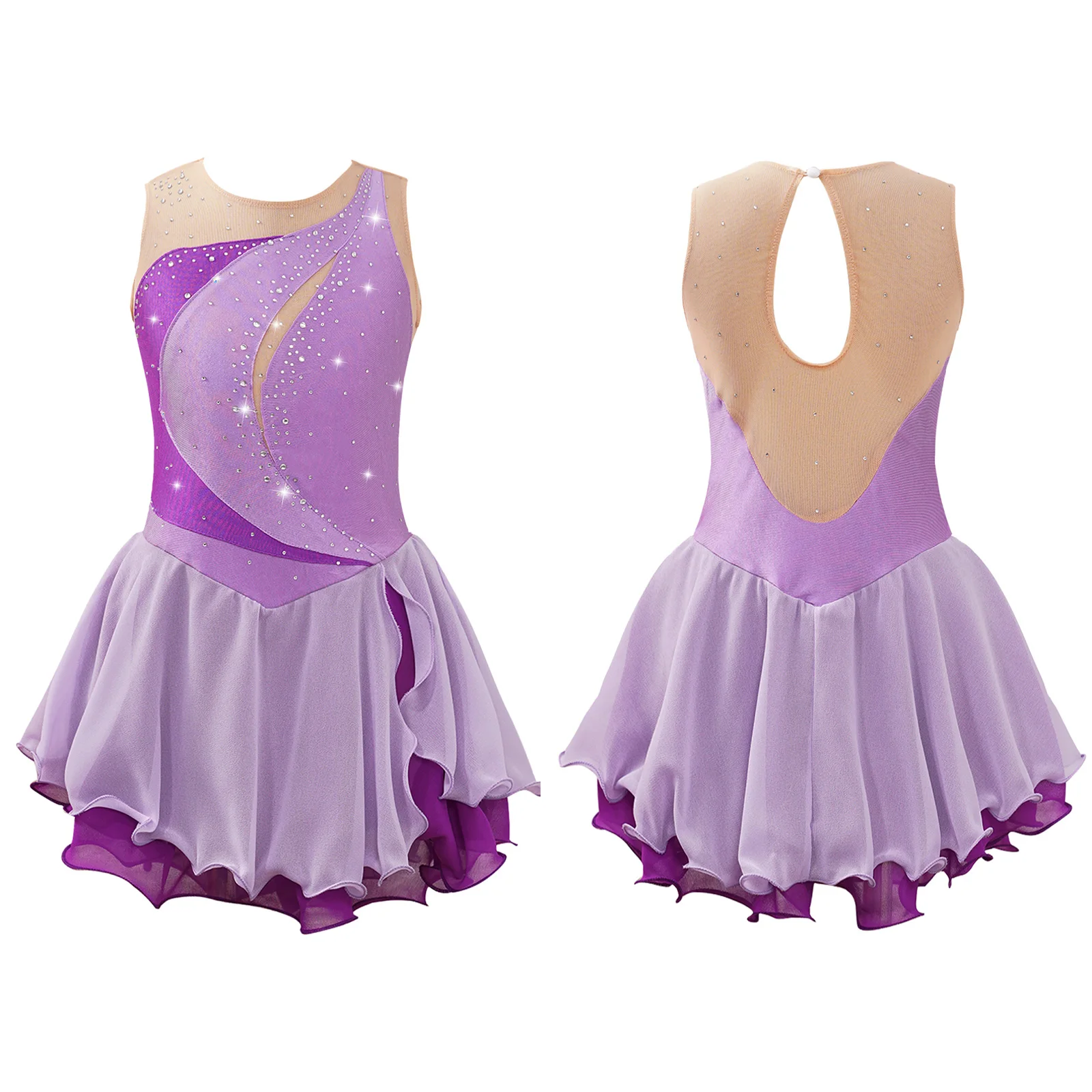 Kinderen Meisjes Kunstschaatsen Jurk Lyrische Dans Ballet Gymnastiek Kostuum Mouwloos Glanzend Strass Sheer Mesh Turnpakje Tutu