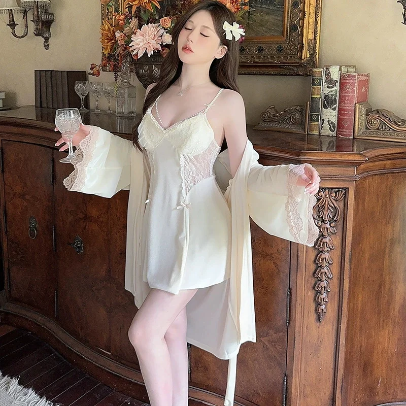 

Sexy Lace Bride Wedding Robe&Gown Set Nightgown Ladies 2PCS Kimono Bathrobe Nightdress Nighty Sleepwear Velour Loungewear