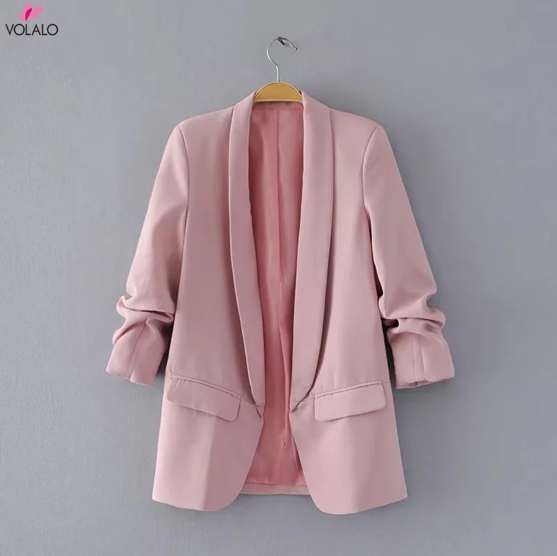 

VOLALO 2024 Summer Autumn Elegant Women Workwear Pink Blazer Three Quarter Sleeve Regular Fit Minimalist Office Ladies Blazer