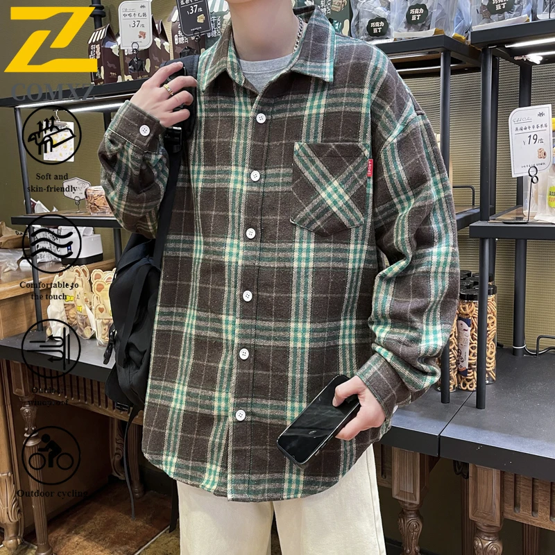 

EiAO Shirt Men's Hong Kong Style Plaid Waterproof Windproof Vintage Casual Button Up Outdoor Shirt for Hiking Camping Fishing